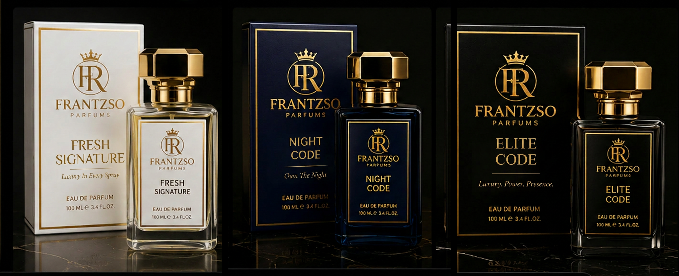 Frantzso Parfums Signature Collection — Fresh Signature, Night Code, Elite Code (100ml Eau de Parfum)